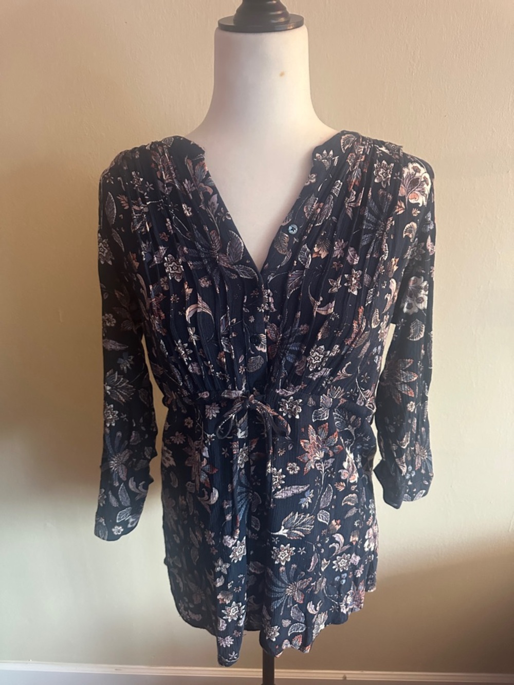 Hilary Radley Navy Floral V-Neck Tie-Waist Tunic